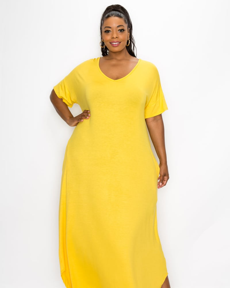 Front of a model wearing a size 3X Scarlett Maxi Dress in Dk Yellow by L I V D. | dia_product_style_image_id:241000